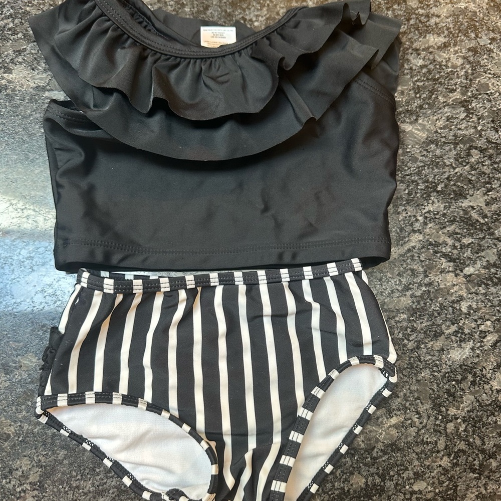 Ruffle Butts Black Ruffled Bikini Top with Striped Bottoms 2T